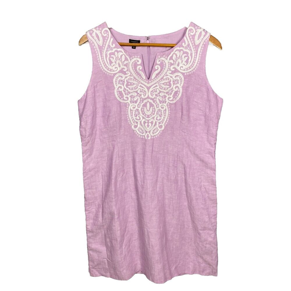 Talbots Women's Sleeveless Linen Blend‎ Shift Dress Size 12 Purple Embroidered